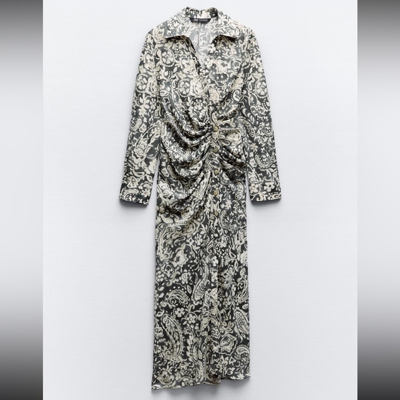 ZARA RUCHED PRINTED MIDI DRESS - Picture 7 of 9